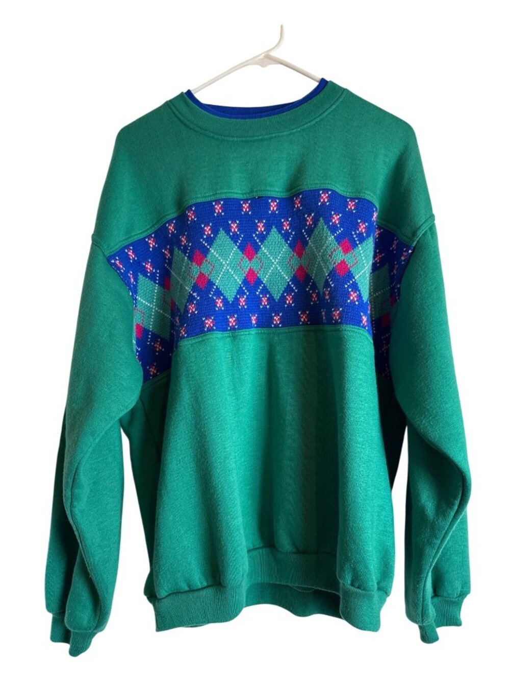 90s Vtg American Weekend XL Green Sweater With Blue Argyle Knit Panel Distressed